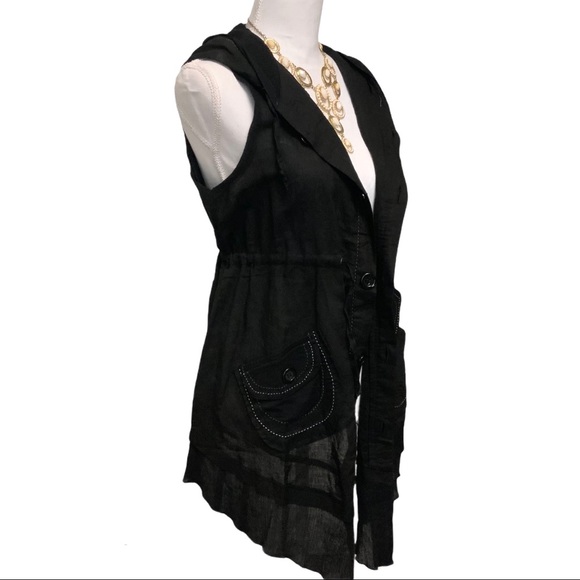🆕 Black Contrast Stitch Sleeveless Hooded Cardi NWT - Picture 4 of 10